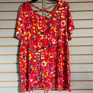 Sew In Love XL Women’s Top Inverted Seams Back Cut Out Floral Orange